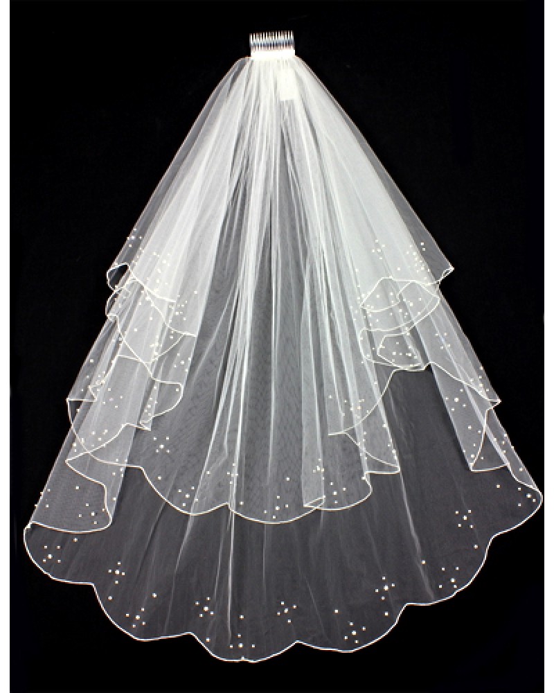 Veil - Pearl Embellishment - Multiple Layers with Finished Hem - 38" - VL-V119IV